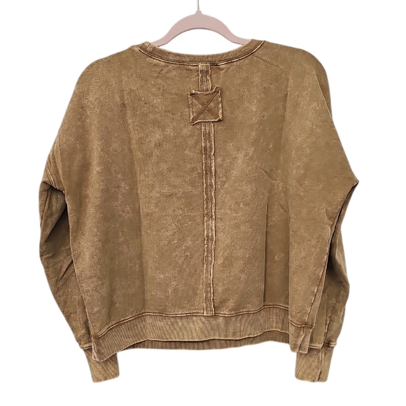 New Zenana Tan Acid Wash Fleece Sweatshirt Size L French Terry Pullover - Picture 2 of 3